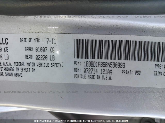 1B3BD1FB9BN590993 - 2011 DODGE AVENGER MAINSTREET SILVER photo 9