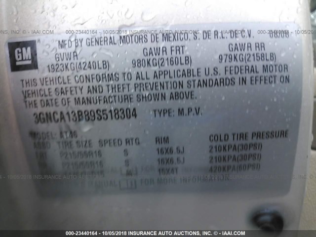 3GNCA13B89S518304 - 2009 CHEVROLET HHR LS Qızıl foto 9