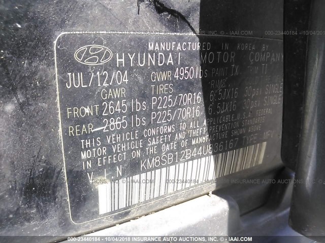 KM8SB12B44U836167 - 2004 HYUNDAI SANTA FE GL BLACK photo 9