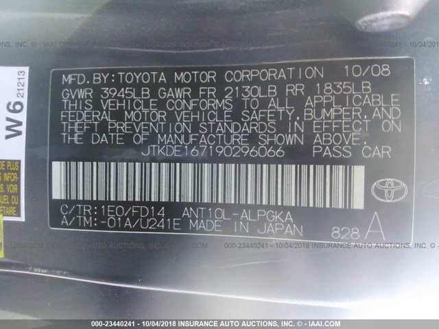 JTKDE167190296066 - 2009 TOYOTA SCION TC 灰色 照片 9
