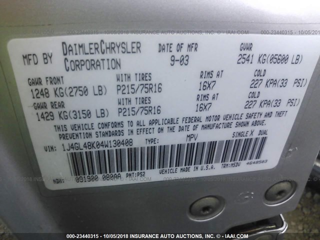 1J4GL48K04W130408 - 2004 JEEP LIBERTY SPORT 银色 照片 9