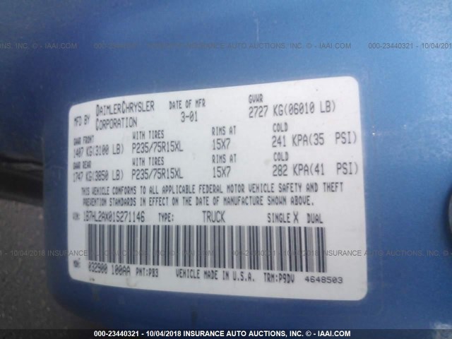 1B7HL2AX01S271146 - 2001 DODGE DAKOTA QUAD BLUE photo 9