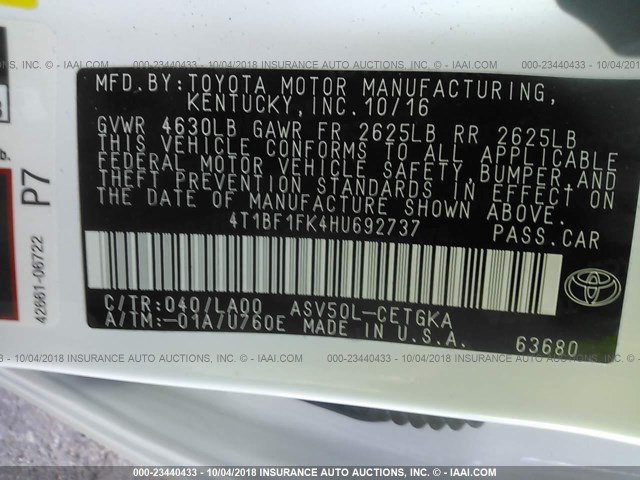 4T1BF1FK4HU692737 - 2017 TOYOTA CAMRY LE/XLE/SE/XSE 白色 照片 9