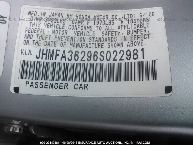 JHMFA36296S022981 - 2006 HONDA CIVIC HYBRID SILVER photo 9