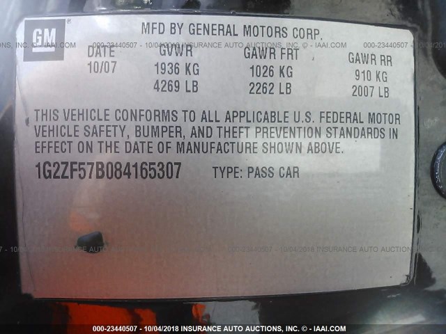 1G2ZF57B084165307 - 2008 PONTIAC G6 BLACK photo 9