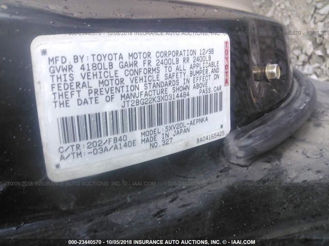 JT2BG22K3X0314484 - 1999 TOYOTA CAMRY LE/XLE BLACK photo 9
