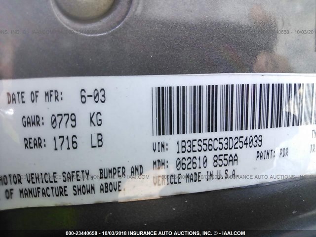 1B3ES56C53D254039 - 2003 DODGE NEON SXT GRAY photo 9