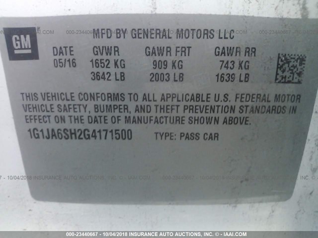 1G1JA6SH2G4171500 - 2016 CHEVROLET SONIC LS WHITE photo 9