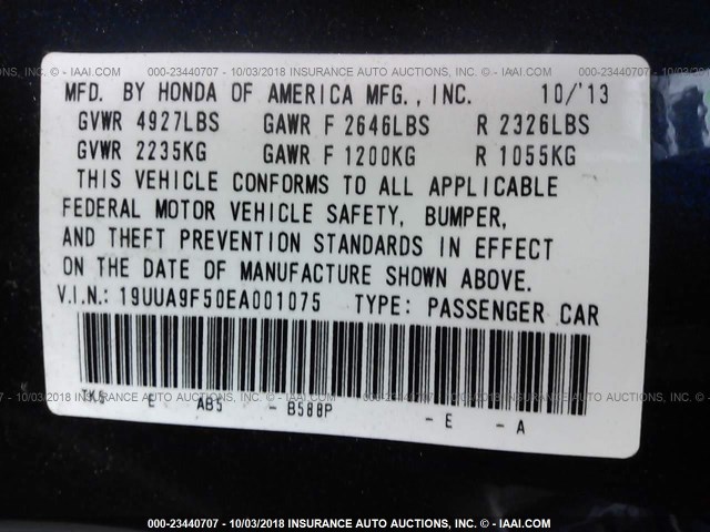 19UUA9F50EA001075 - 2014 ACURA TL TECH BLUE photo 9