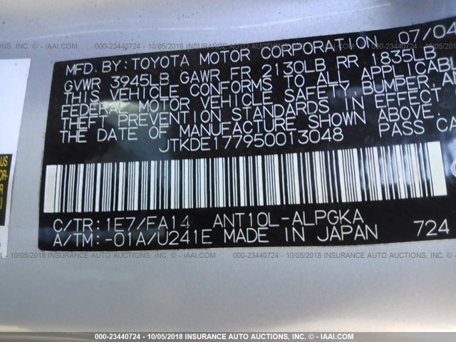 JTKDE177950013048 - 2005 TOYOTA SCION TC 银色 照片 9