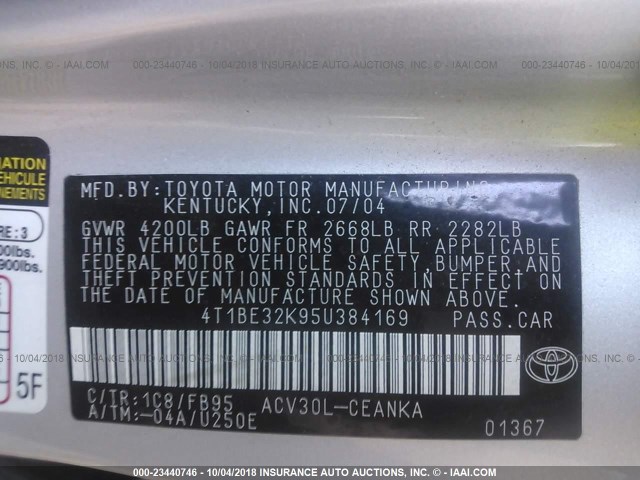 4T1BE32K95U384169 - 2005 TOYOTA CAMRY LE/XLE/SE 银色 照片 9