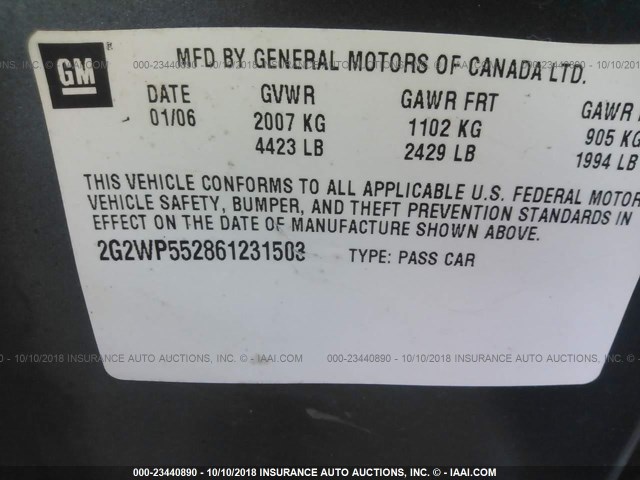 2G2WP552861231503 - 2006 PONTIAC GRAND PRIX BLUE photo 9