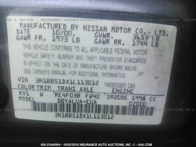 3N1BB51DX1L113012 - 2001 NISSAN SENTRA SE GRAY photo 9