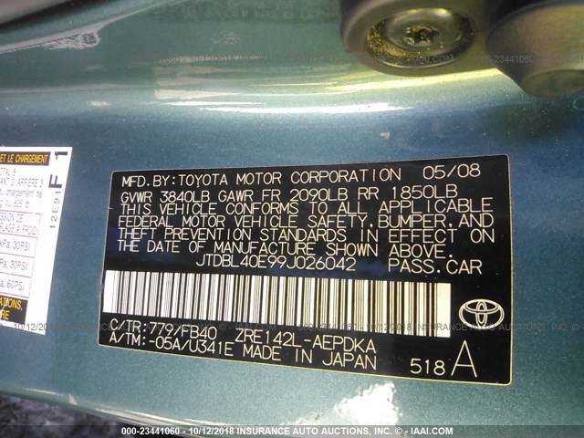 JTDBL40E99J026042 - 2009 TOYOTA COROLLA LE/XLE GREEN photo 9