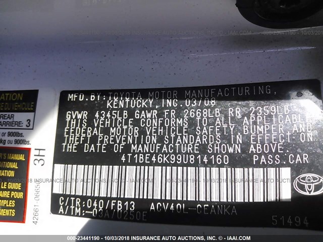 4T1BE46K99U814160 - 2009 TOYOTA CAMRY SE/LE/XLE WHITE photo 9