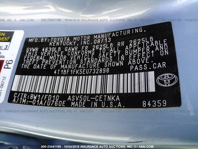 4T1BF1FK5EU732898 - 2014 TOYOTA CAMRY L/SE/LE/XLE Mavi foto 9