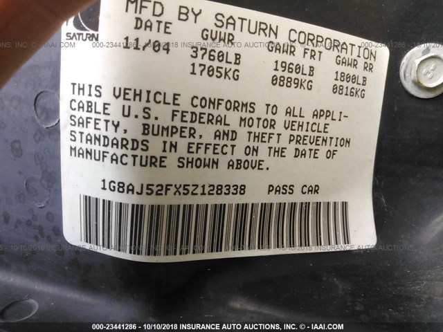 1G8AJ52FX5Z128338 - 2005 SATURN ION LEVEL 2 BLUE photo 9