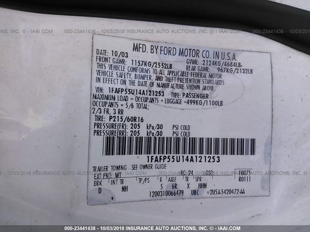 1FAFP55U14A121253 - 2004 FORD TAURUS SES WHITE photo 9