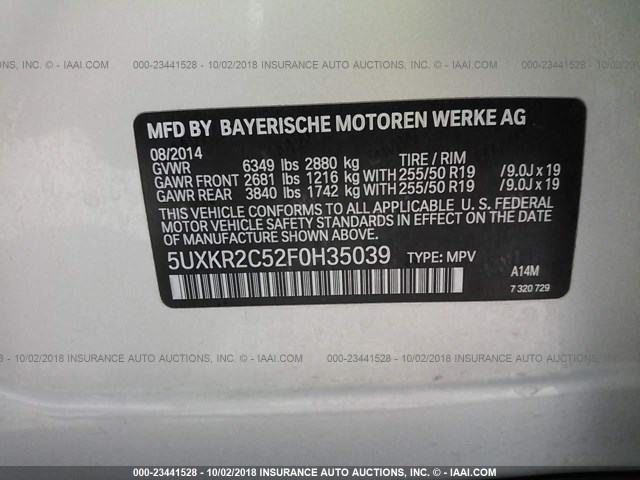 5UXKR2C52F0H35039 - 2015 BMW X5 SDRIVE35I SILVER photo 9