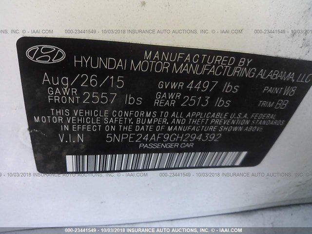 5NPE24AF9GH294392 - 2016 HYUNDAI SONATA SE WHITE photo 9