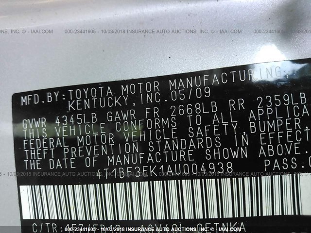 4T1BF3EK1AU004938 - 2010 TOYOTA CAMRY SE/LE/XLE SILVER photo 9