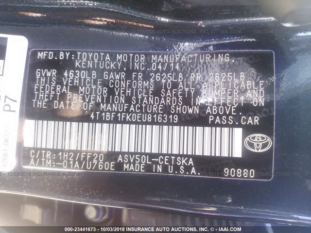 4T1BF1FK0EU816319 - 2014 TOYOTA CAMRY L/SE/LE/XLE Qara foto 9