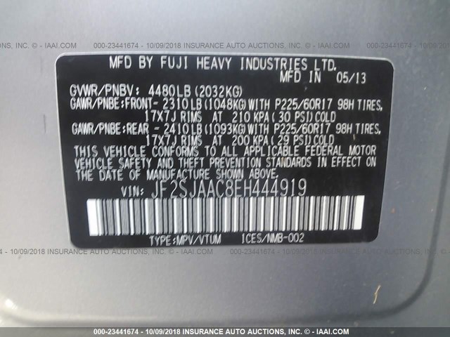 JF2SJAAC8EH444919 - 2014 SUBARU FORESTER 2.5I SILVER photo 9