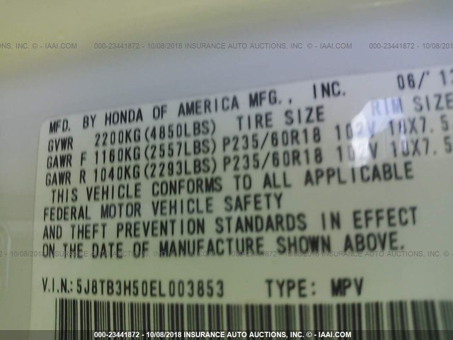 5J8TB3H50EL003853 - 2014 ACURA RDX TECHNOLOGY WHITE photo 9