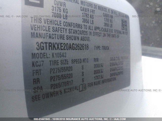 3GTRKXE20AG262618 - 2010 GMC SIERRA K1500 DENALI WHITE photo 9