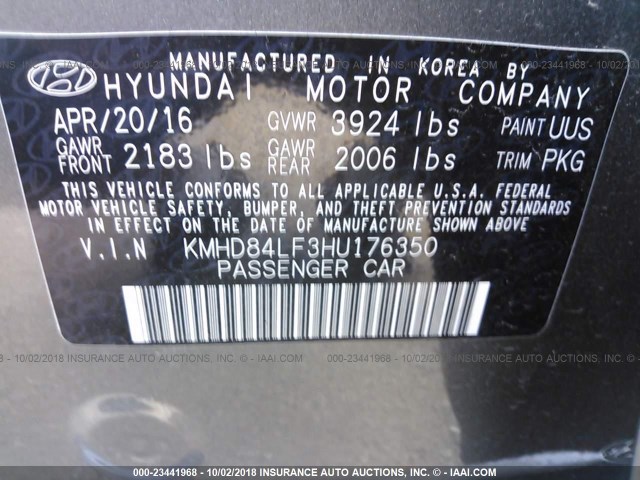 KMHD84LF3HU176350 - 2017 HYUNDAI ELANTRA SE/VALUE/LIMITED GRAY photo 9