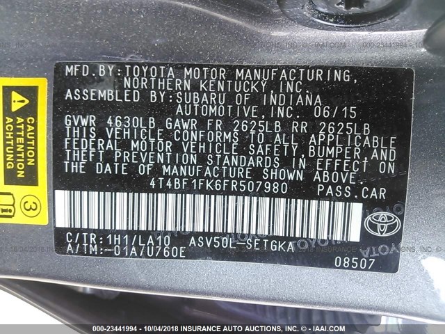 4T4BF1FK6FR507980 - 2015 TOYOTA CAMRY LE/XLE/SE/XSE GRAY photo 9