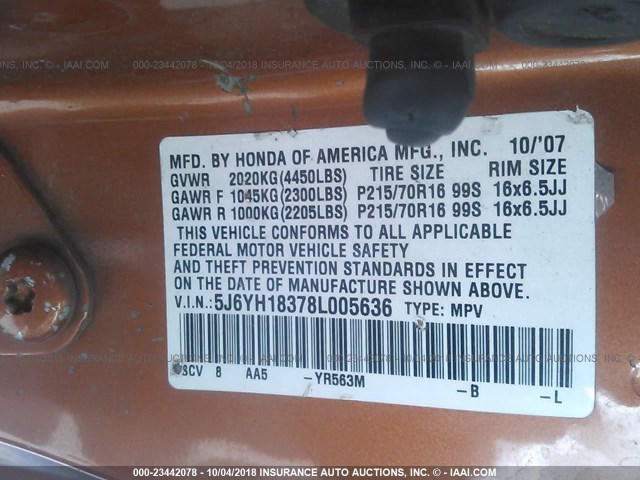5J6YH18378L005636 - 2008 HONDA ELEMENT LX ORANGE photo 9
