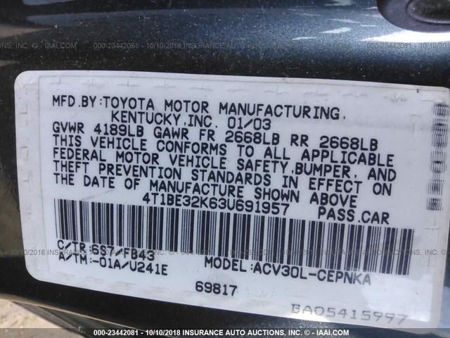 4T1BE32K63U691957 - 2003 TOYOTA CAMRY LE/XLE/SE GREEN photo 9