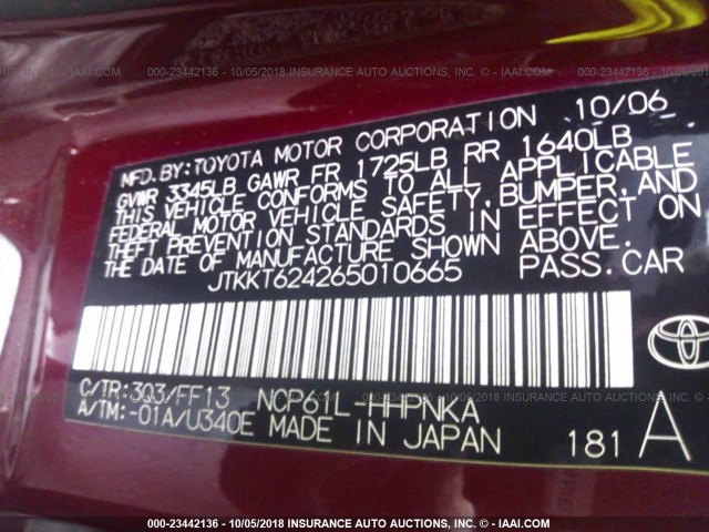 JTKKT624265010665 - 2006 TOYOTA SCION XA წითელი ფოტო 9