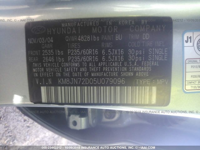 KM8JN72D05U079096 - 2005 HYUNDAI TUCSON GLS/LX BLUE photo 9