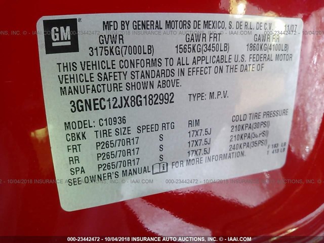3GNEC12JX8G182992 - 2008 CHEVROLET AVALANCHE C1500 RED photo 9