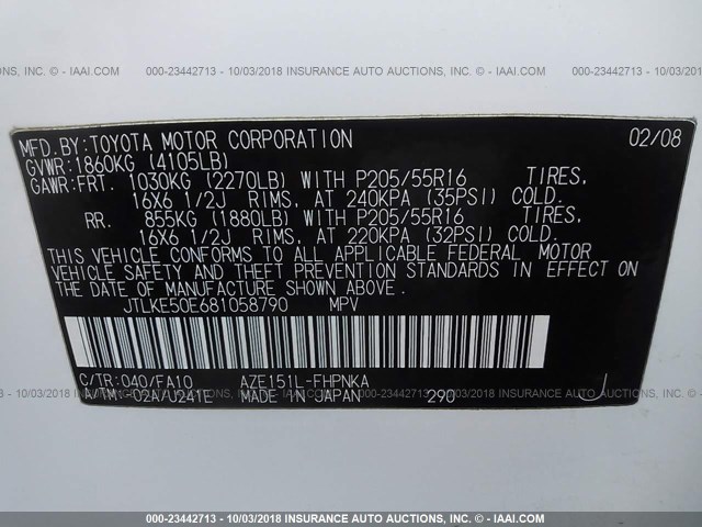 JTLKE50E681058790 - 2008 TOYOTA SCION XB Blanco foto 9