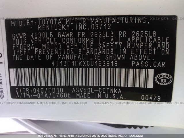 4T1BF1FKXCU163818 - 2012 TOYOTA CAMRY SE/LE/XLE WHITE photo 9