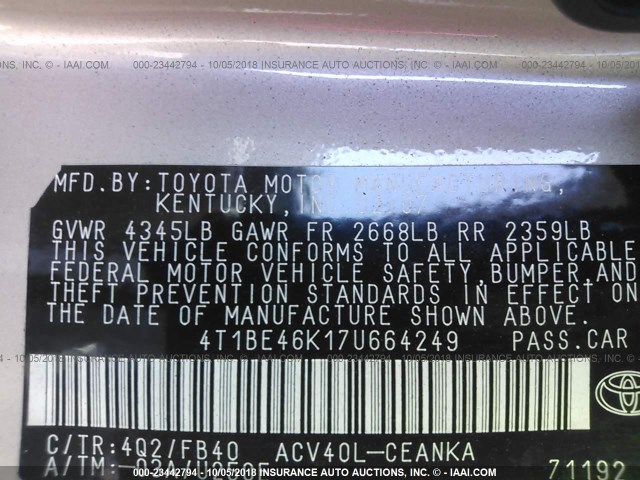 4T1BE46K17U664249 - 2007 TOYOTA CAMRY NEW GENERAT CE/LE/XLE/SE GOLD photo 9