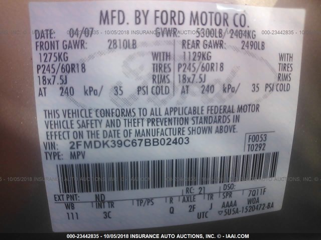 2FMDK39C67BB02403 - 2007 FORD EDGE SEL PLUS BEIGE photo 9