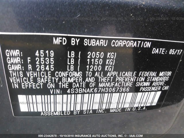 4S3BNAK67H3067366 - 2017 SUBARU LEGACY 2.5I LIMITED GRAY photo 9