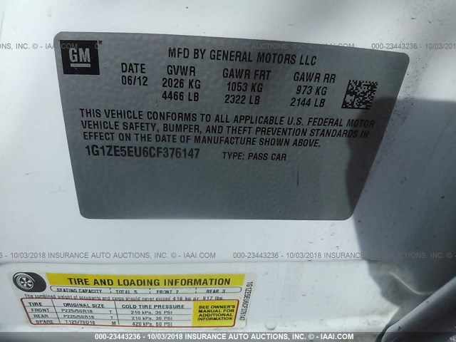 1G1ZE5EU6CF376147 - 2012 CHEVROLET MALIBU LTZ 白色 照片 9