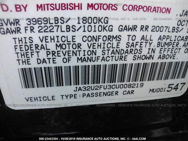 JA32U2FU3CU008219 - 2012 MITSUBISHI LANCER ES/ES SPORT BLACK photo 9