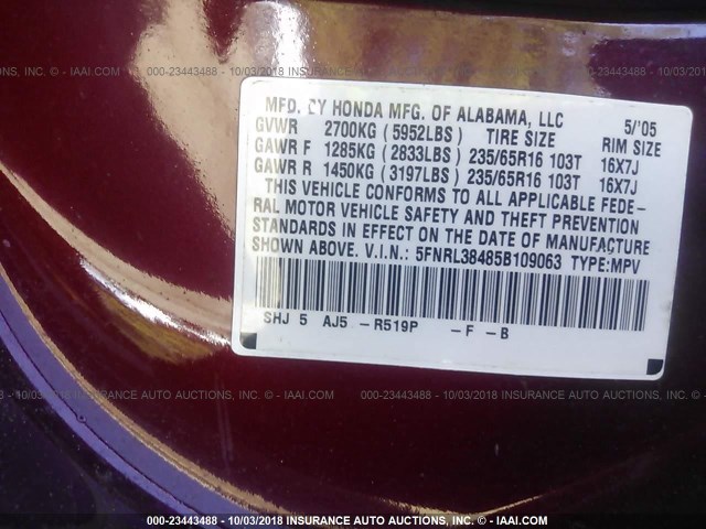 5FNRL38485B109063 - 2005 HONDA ODYSSEY EX RED photo 9