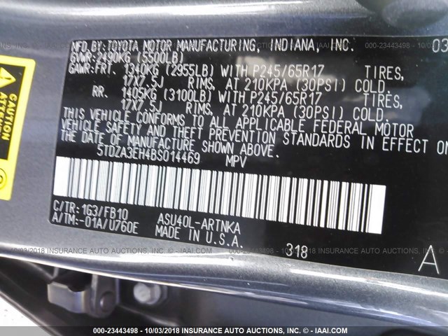 5TDZA3EH4BS014469 - 2011 TOYOTA HIGHLANDER SE GRAY photo 9