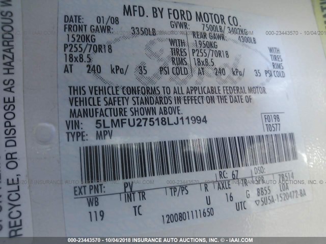 5LMFU27518LJ11994 - 2008 LINCOLN NAVIGATOR 白色 照片 9