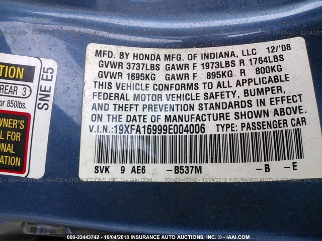 19XFA16999E004006 - 2009 HONDA CIVIC EXL 蓝色 照片 9