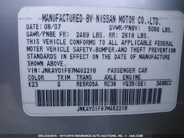 JNKAY01F97M462218 - 2007 INFINITI M35 SPORT SILVER photo 9