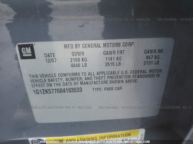 1G1ZK577684183533 - 2008 CHEVROLET MALIBU LTZ 灰色 照片 9