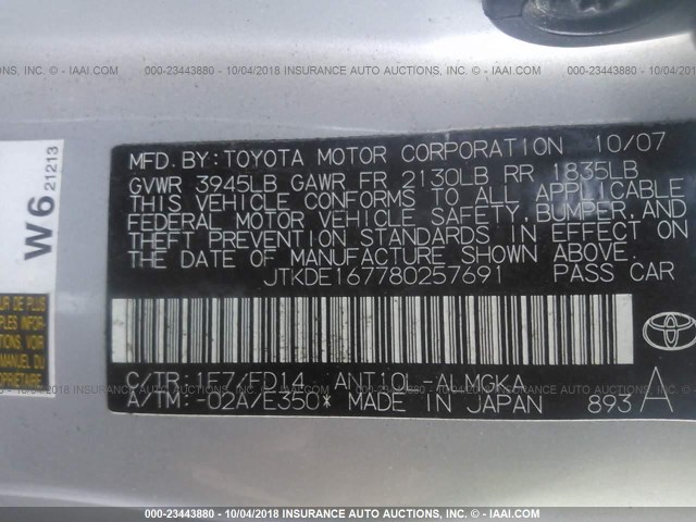 JTKDE167780257691 - 2008 TOYOTA SCION TC 银色 照片 9